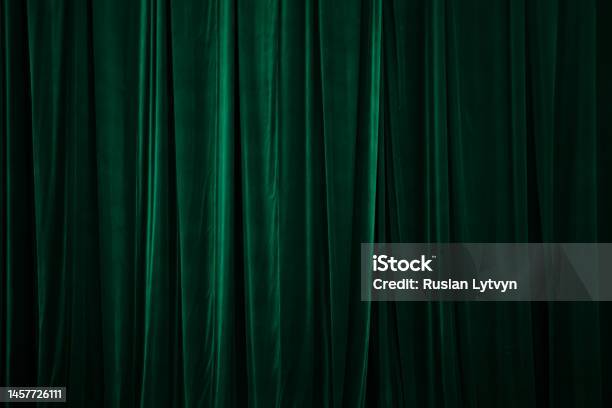 Green Curtain In Theatre Textured Stock Photo - Download Image Now - Curtain, Velvet, Movie Theater