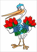 istock Vector color image of a cartoon character isolated on white. Cute cartoon stork with a bouquet of flowers. Cartoon stork in the image of a French mime. 1457726397