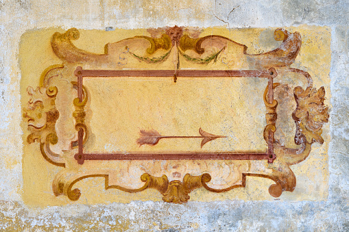 Religious art in Sacro Monte di Varallo, Italy: Blank ornate antique sign