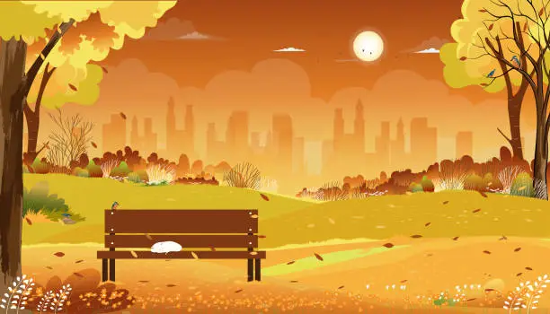 Vector illustration of Autumn landscapes city park with cat sleeping on bench in the morning,Vector cartoon fall season in the garden urban park with clouds and orange sky background