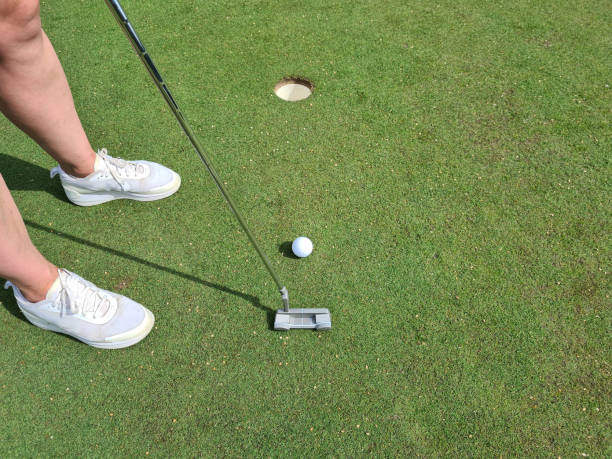 istock Closeup of lady golfer puttering ball into hole 1457727880
