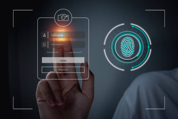 Cyber security concept, Login and biometric authentication by fingerprint scanning. identification information encryption, cybersecurity. Security Data Protection Business Technology Privacy concept. concepto de ciberseguridad, inicio de sesión y autenticación biométrica mediante escaneo de huellas dactilares. identificación de la información de cifrado, ciberseguridad. seguridad protección de datos tecnología empresarial concepto de privacidad.