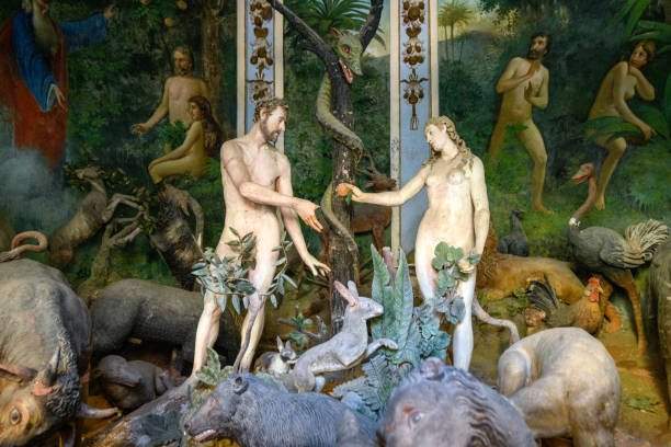 Religious art in Sacro Monte di Varallo, Italy: Adam and Eve Religious art in Sacro Monte di Varallo, Italy: Adam and Eve adam and eve painting stock pictures, royalty-free photos & images
