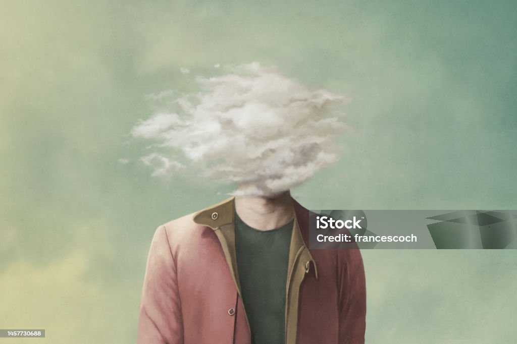 Illustrazione dell'uomo con la testa nella nuvola, concetto surreale - Illustrazione stock royalty-free di Testa Illustrazione dell'uomo con la testa nella nuvola, concetto surreale - Illustrazione stock royalty-free di Testa
