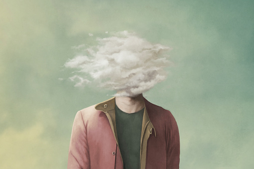 Illustration of man with head in the cloud, surreal concept