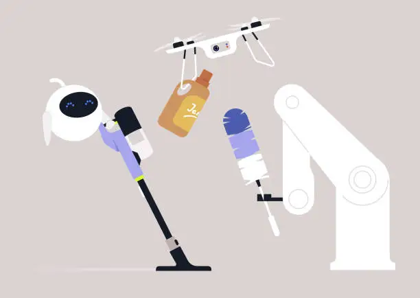 Vector illustration of Robots cleaning up the apartment, automated household chores