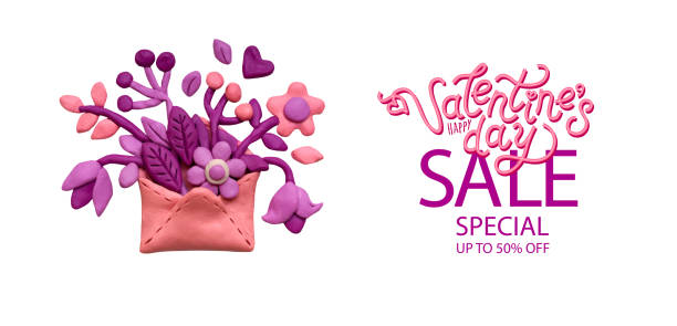 istock Set various flowers, leaves, herbs in a plasticine envelope. Pink and lilac plasticine clay 3D illustration isolated on white background, cute dough shape. St. Valentine's Day sale 1457735186