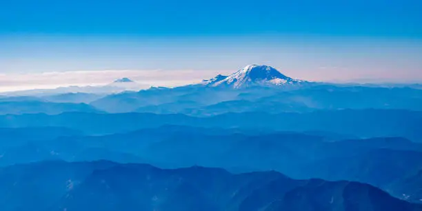 An aerial view of Mount Rainier near Seattle, Washington, USA.