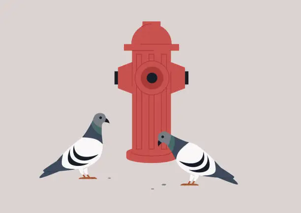 Vector illustration of Urban daily scene, two pigeons walking next to a red fire hydrant