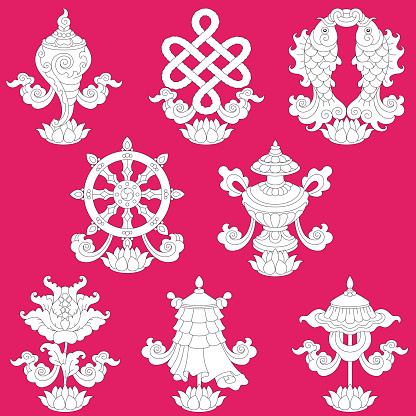 Eight symbols buddhism clip art monochrome