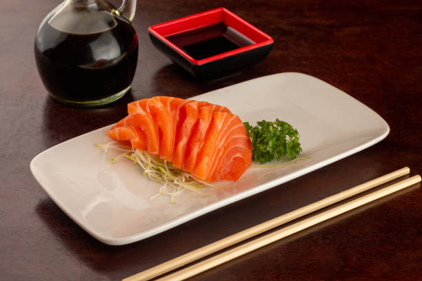istock Sushi sashimi on the plate with soy sauce on the table. 1457739420