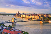 City summer landscape at sunset - top view of the historical center of Budapest with the Szechenyi Chain Bridge over the Danube