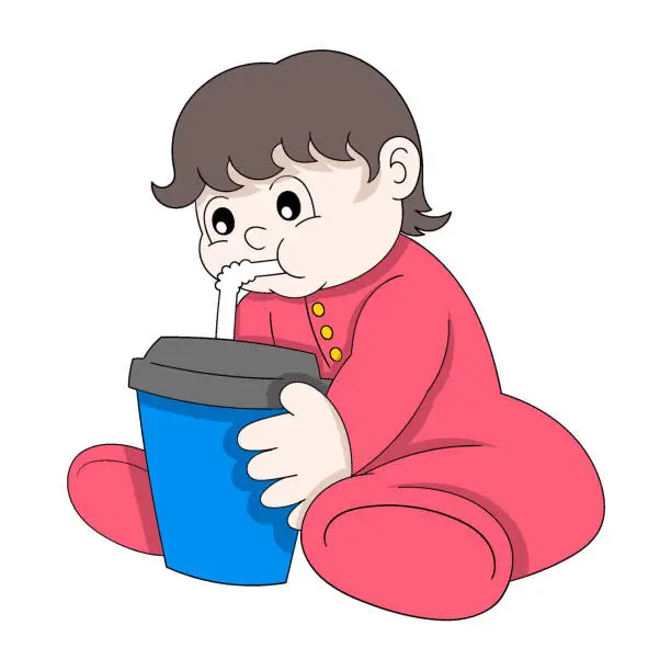 Vector illustration of baby boy is sitting drinking milk from a straw