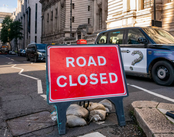 'Road Closed' sign in Westminster stock photo