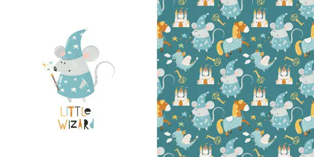 Vector illustration of Little Mouse wizard, medieval knight castle, cute dragon, knight horse pattern