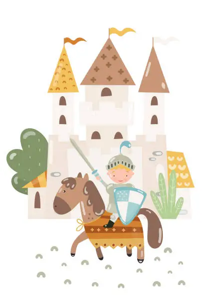 Vector illustration of Knight with sword and shield riding a horse and medieval castle poster