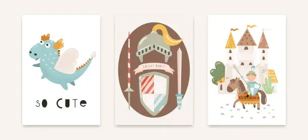 Vector illustration of Three posters A knight with a spear and a shield on a horse near the knight's castle Emblem with knight's armor and weapons and a dragon So cute