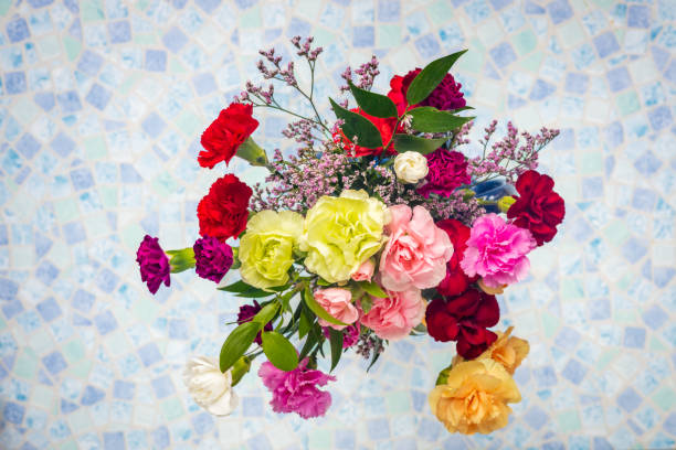 carnation flowers, Dianthus caryophyllus, beautiful bouquet, top view, Celebration concept, occasional bouquet
