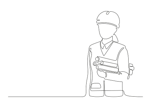 Woman architect builder holding blueprint paper in arm, single continuous line drawing. Professional worker in helmet. Plan of building construction on paper. Minimalism one line draw. Vector illustration