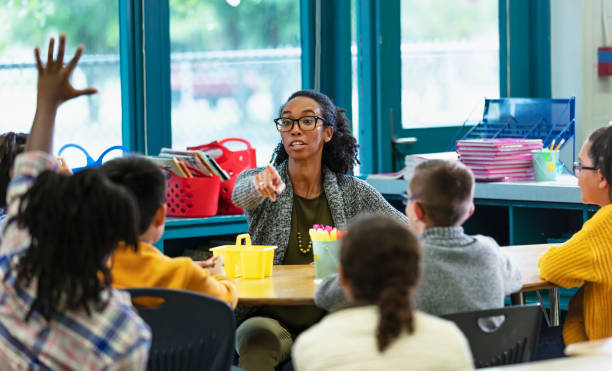 istock Teacher in classroom points to student raising hand 1457744292