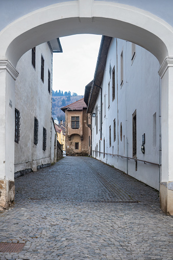 Historic street in centre of Kremnica, medieval mining town, Slovakia, Europe.