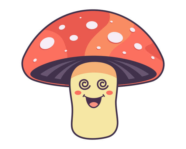 ilustrações de stock, clip art, desenhos animados e ícones de cute fly agaric character with face. hallucinogenic mushroom. flat vector illustration. - 3498