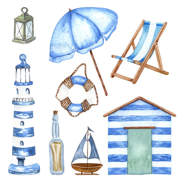 istock Beautiful Watercolor nautical set. Include lighthouse, anchor, corals, seaweed, whale, shells, steering-wheel and buoy ring 1457745300