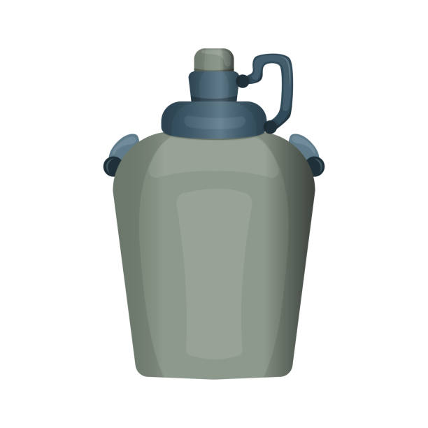 ilustrações de stock, clip art, desenhos animados e ícones de metal water flask for camping, survival, military icon. vector illustration on white insulated background. - water bottle survival military bottle