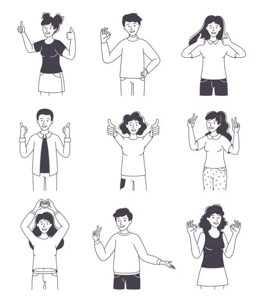 Vector illustration of People Character Showing Positive Hand Gesture Demonstrating Emotion Outline Vector Set