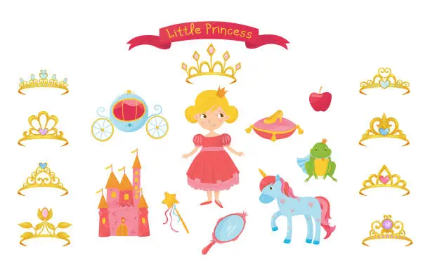 Vector illustration of Little Princess with Golden Crown and Unicorn with Twisted Horn Big Vector Set