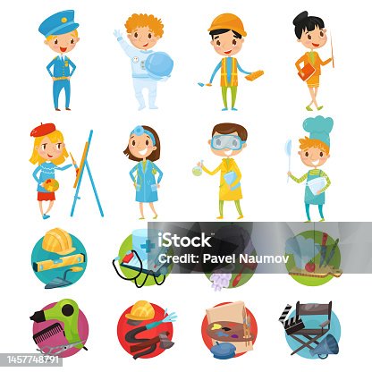 istock Kids Representing Different Profession Wearing Uniform and Professional Tool Kit Big Vector Set 1457748791