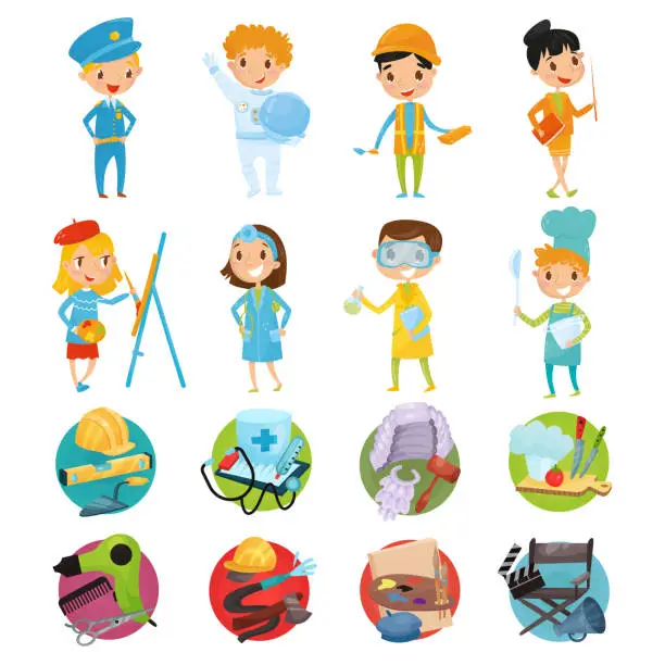 Vector illustration of Kids Representing Different Profession Wearing Uniform and Professional Tool Kit Big Vector Set