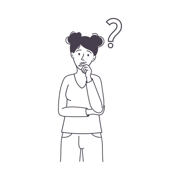 illustrations, cliparts, dessins animés et icônes de question avec une femme réfléchie grattant la tête sur l’illustration du vecteur d’énigme - uncertainty weakness contemplation sullen