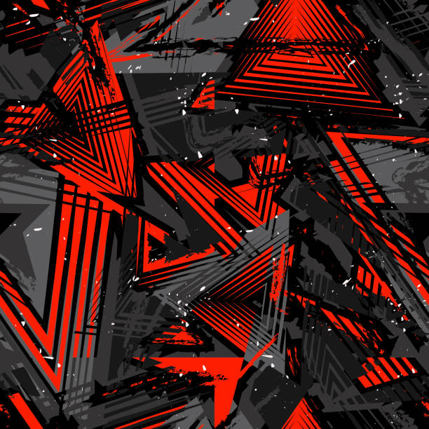 Vector abstract seamless geometric pattern. Modern urban art grunge texture Abstract seamless grunge pattern. Urban art texture with neon lines, triangles, chaotic brush strokes, ink elements. Colorful graffiti vector background. Trendy design in red, black and gray color red camouflage pattern stock illustrations