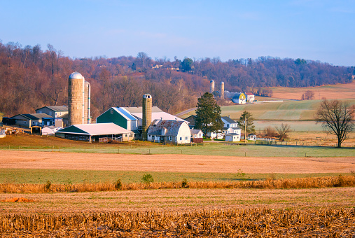Well maintained Amish farms dot the rolling hillsides of rural Pennsylvania on a late December morning