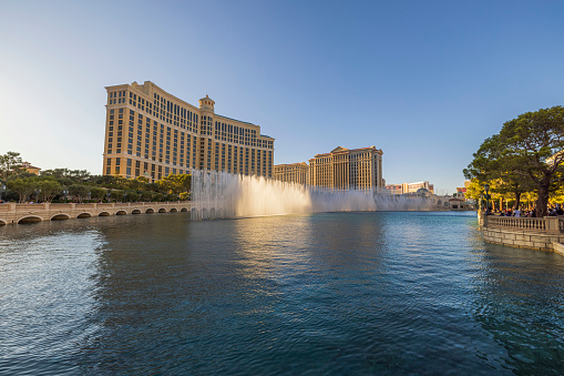 Las Vegas, Nevada, USA. 09.18.2022. Beautiful view of water fountains of Bellagio hotel.