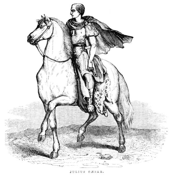 Julius Caesar on Horseback, Ancient Rome Portrait of Julius Caesar on horseback. Woodcut engraving published 1846. Original edition is from my own archives. Copyright has expired and is in Public Domain. two men hunting stock illustrations