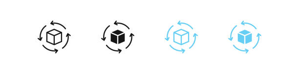 Rotate cube icon. Four arrows symbol. 360 rotate signs. Repeat reload square symbols. Return icons. Black and blue color. Vector sign. Rotate cube icon. Four arrows symbol. 360 rotate signs. Repeat reload square symbols. Return icons. Black and blue color. Vector isolated sign. stock cubes stock illustrations