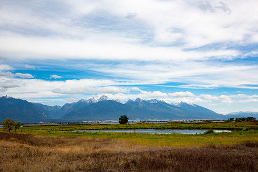 Mission Mountains Range view from wetlands of Nine Pipes National Wildlife Refuge in Montana near Ronan