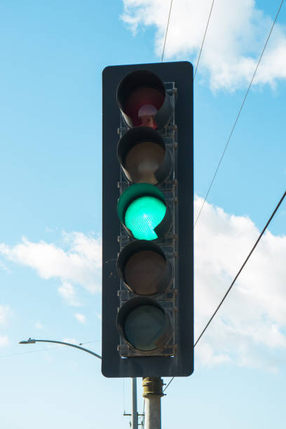 istock Green color on the traffic light with cloudy sky on the background 1457758804