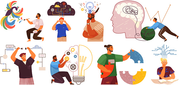 Set of illustrations about people with different mental mindset types or creative models. Psychological assistance, maintaining brain activity. Psychotherapy, development of personality concept