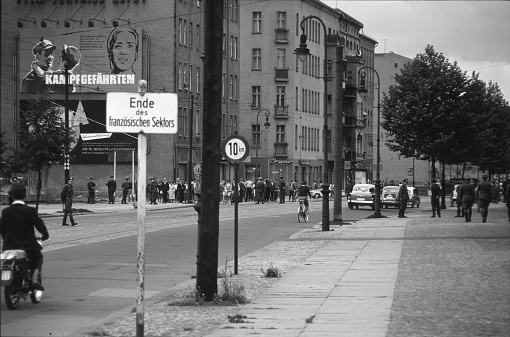 Berlin, Germany,1961. Day of the sectoral closure (Soviet sector) and the construction of the Wall on Chausseestrasse. East German border troops seal off the Chausseestrasse to East Berlin. Berliners are prevented from crossing the sectors between East and West. Beginning of the construction of the Berlin Wall.