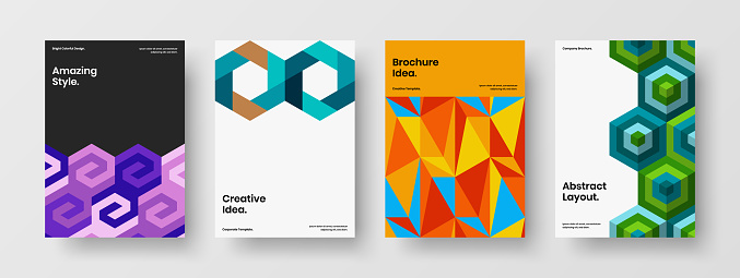 Multicolored geometric shapes postcard template set. Amazing pamphlet design vector concept bundle.