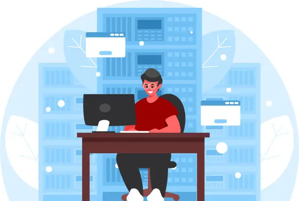 Vector illustration of System administrator working at computer