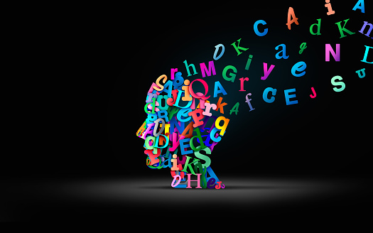Reading comprehension and learning to read or language spoken and Autistic spectrum or Dyslexia disorder concept as a human head made of Alphabet letters as a symbol for education and mental health in a 3D illustration style.