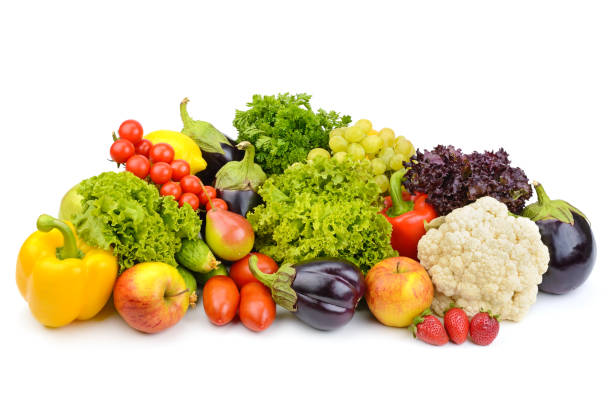 istock Bright tasty vegetables and fruits isolated on white 1457769244