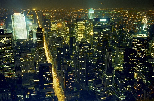 Manhattan, New York City, NY, USA, 1988. Illuminated New York City at night.