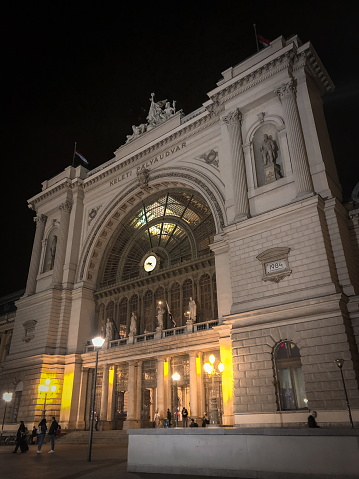 Budapest, Hungary - April 2019: Shot of the front entrance of the Budapest Keleti (Eastern) station.