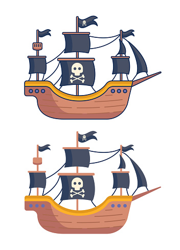 Cartoon pirate ship. Flat design. Vector illustration.