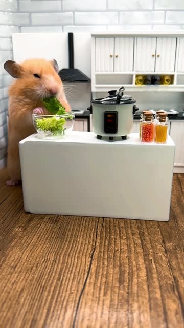 Cute Syrian hamster preparing food in a kitchen